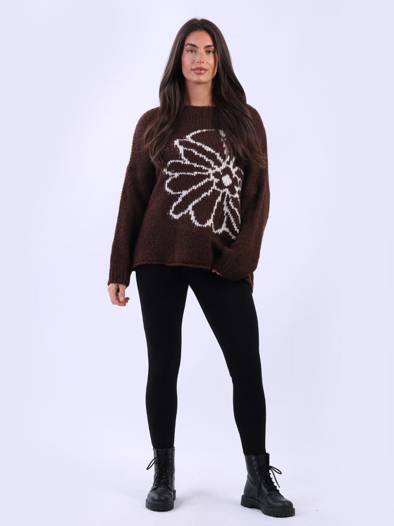 Floral Knit Wooly Jumper Chocolate 