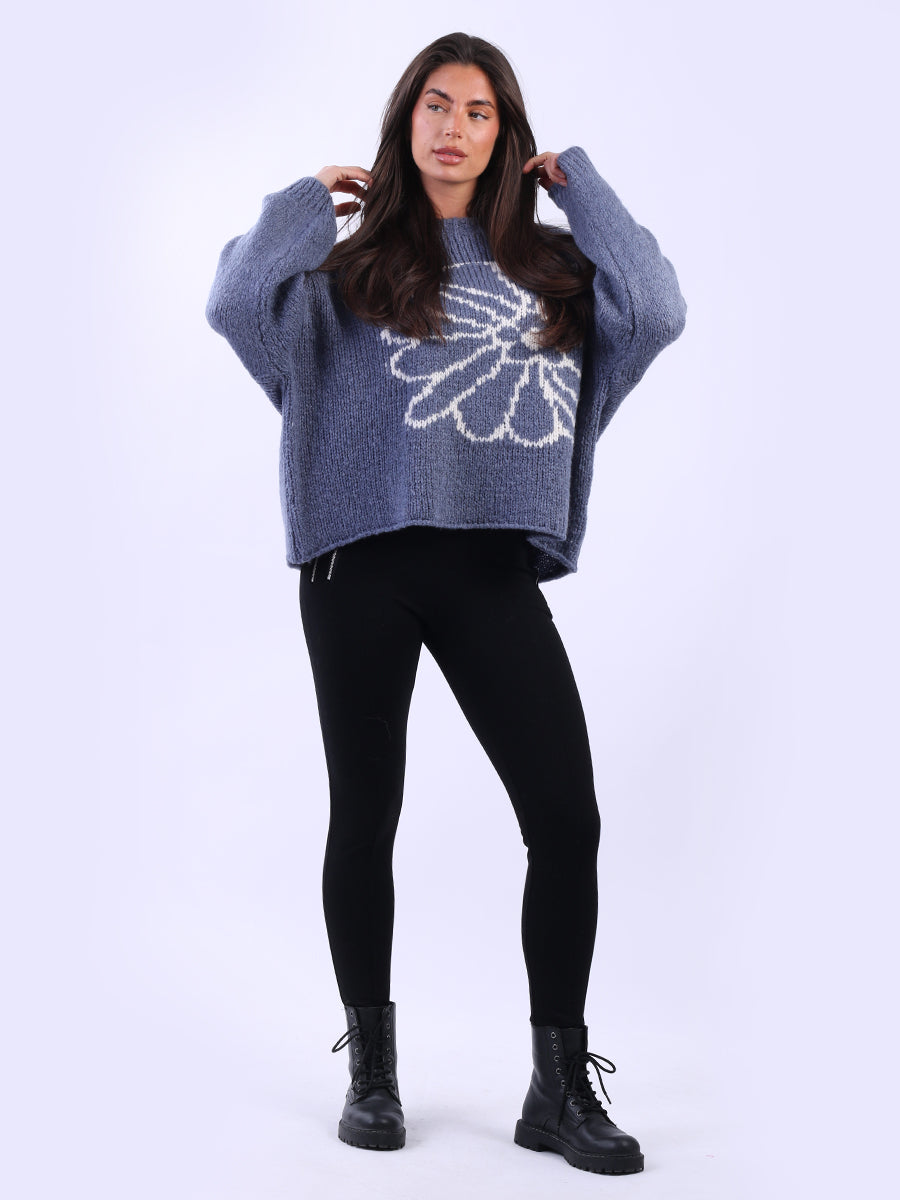 Drop Shoulder Floral Knit Wooly Jumper