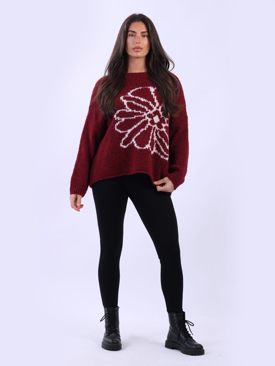 Floral Knit Wooly Jumper Wine