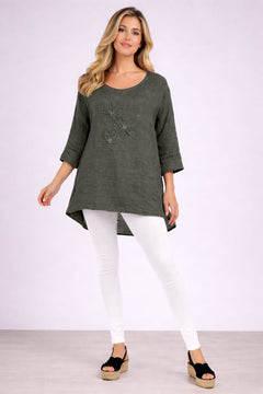 Flower Applique Linen Top Khaki