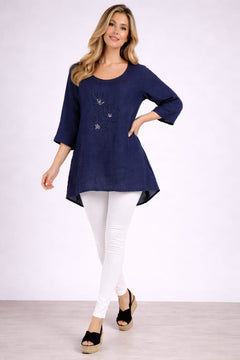 Flower Applique Linen Top Navy