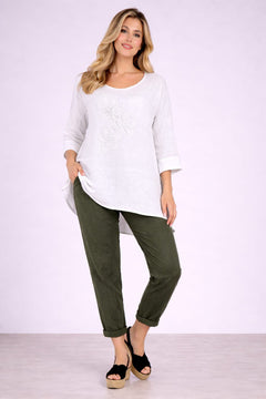 Flower Applique Linen Top White