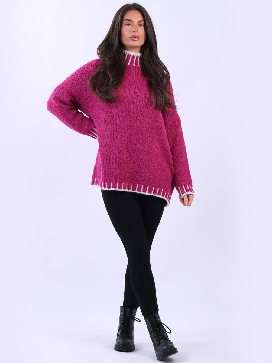 Blanket Stitch Knitted Jumper Magenta 