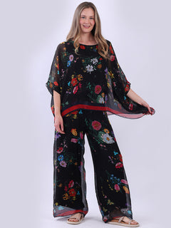 Floral Batwing Silk Top Black