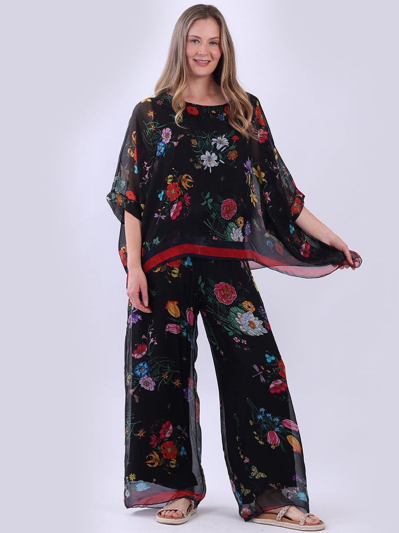 Floral Batwing Silk Top Black