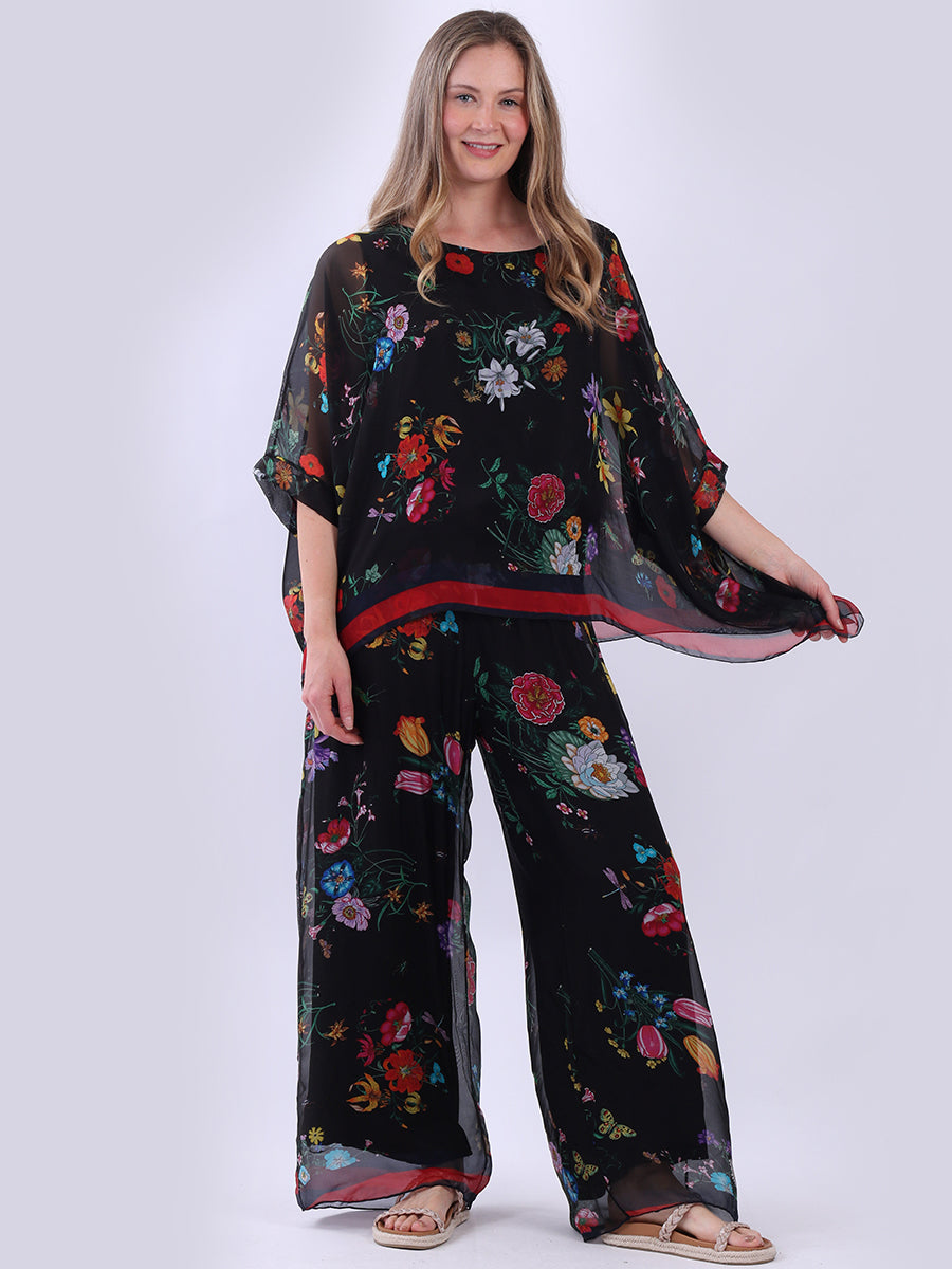 Floral Batwing Silk Top Black