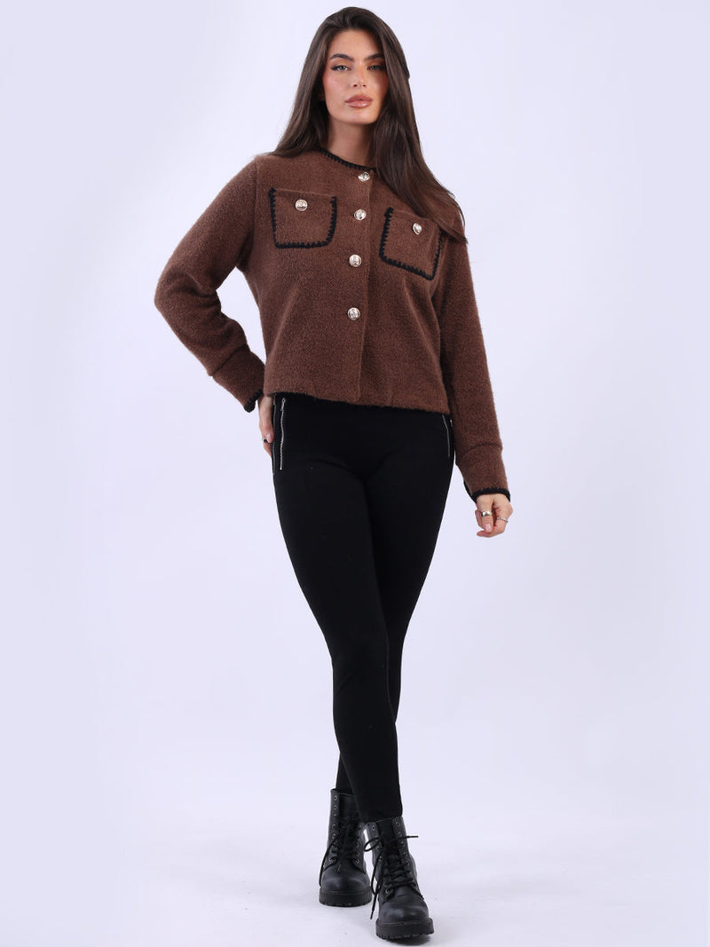 Whipstitch Button Down Crop Jacket Chocolate
