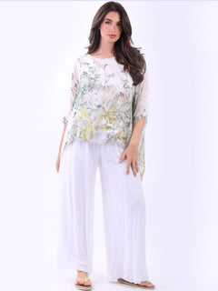 Batwing Floral Silk Top White