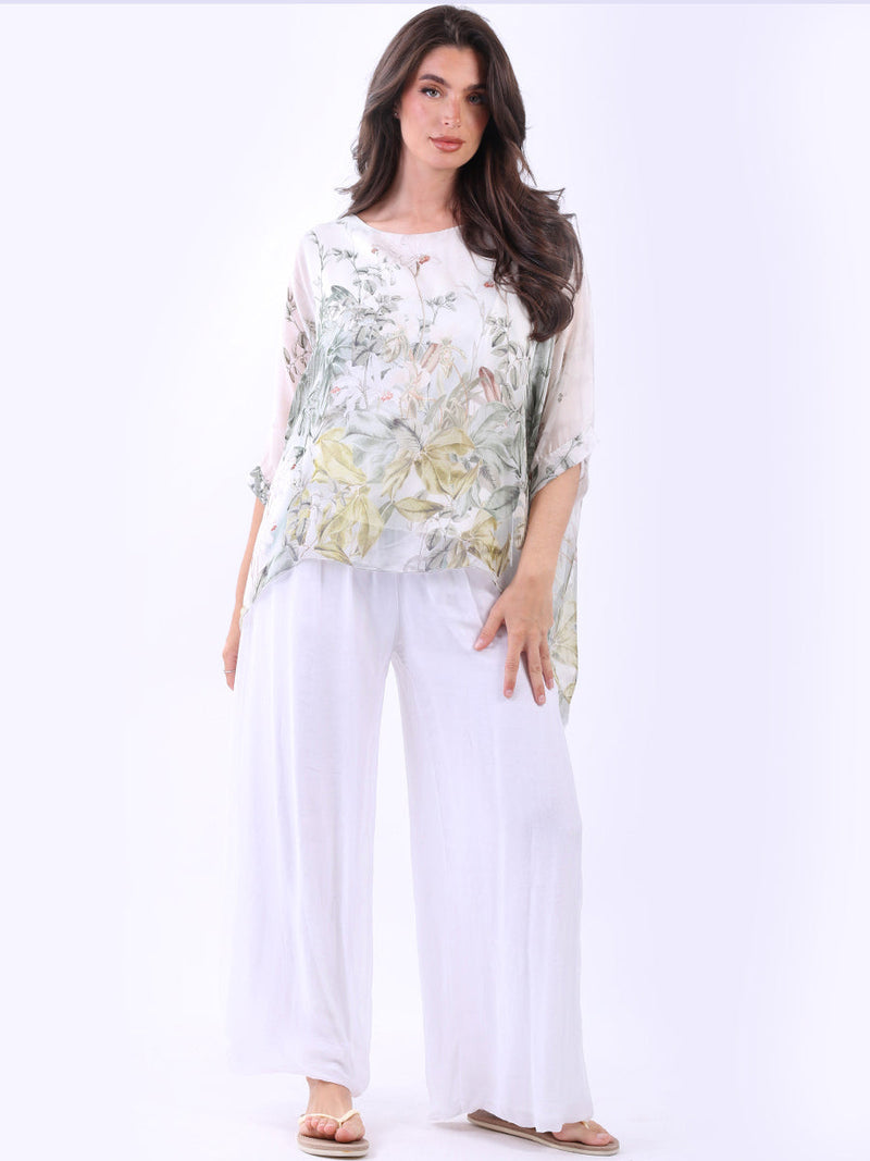 Batwing Floral Silk Top White