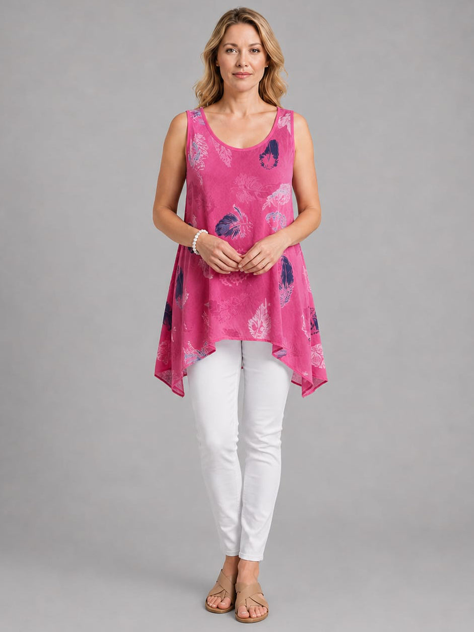 Feather Print Cotton Tunic Top Fuchsia
