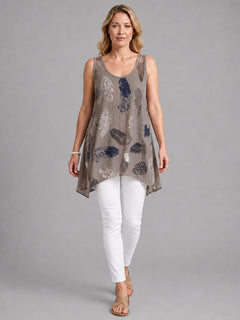 Feather Print Cotton Tunic Top Mocha
