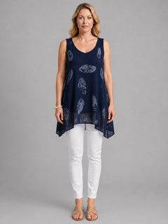 Feather Print Cotton Tunic Top Navy
