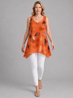 Feather Print Cotton Tunic Top Orange