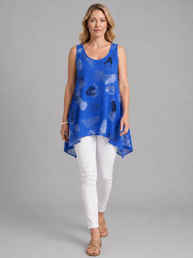 Feather Print Cotton Tunic Top Royal Blue