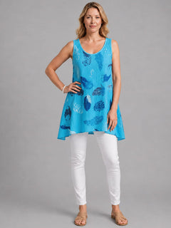 Feather Print Cotton Tunic Top Turquoise