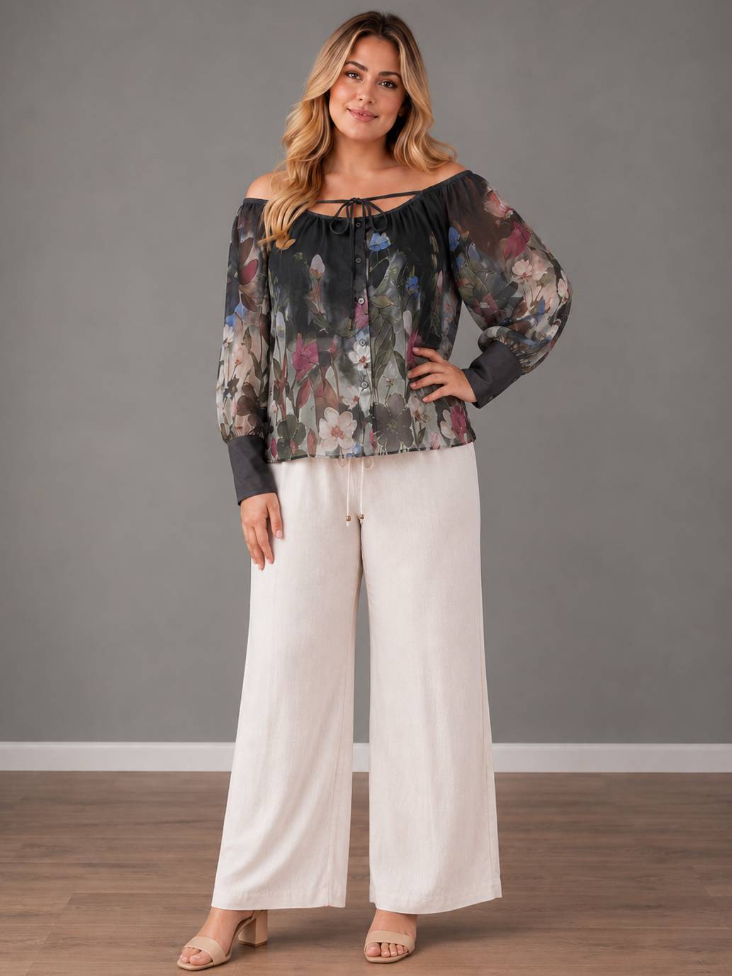 Floral Plus SIze Off Shoulder Top Charcoal