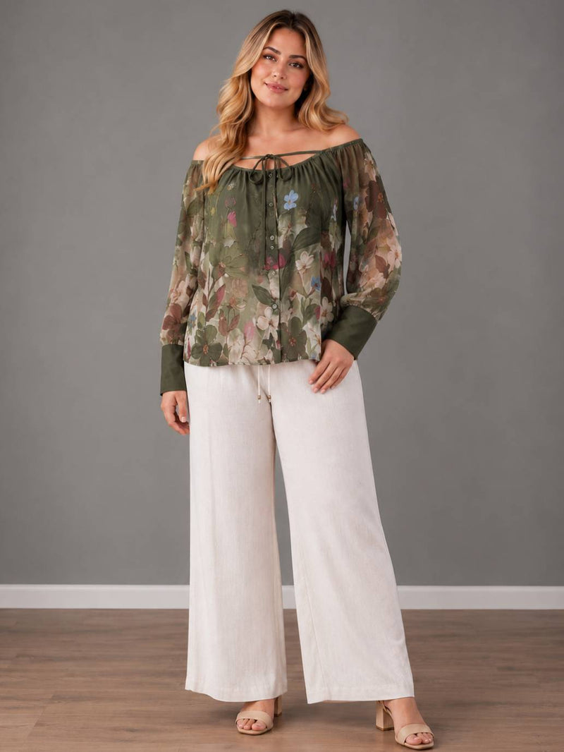 Floral Plus SIze Off Shoulder Top Khaki