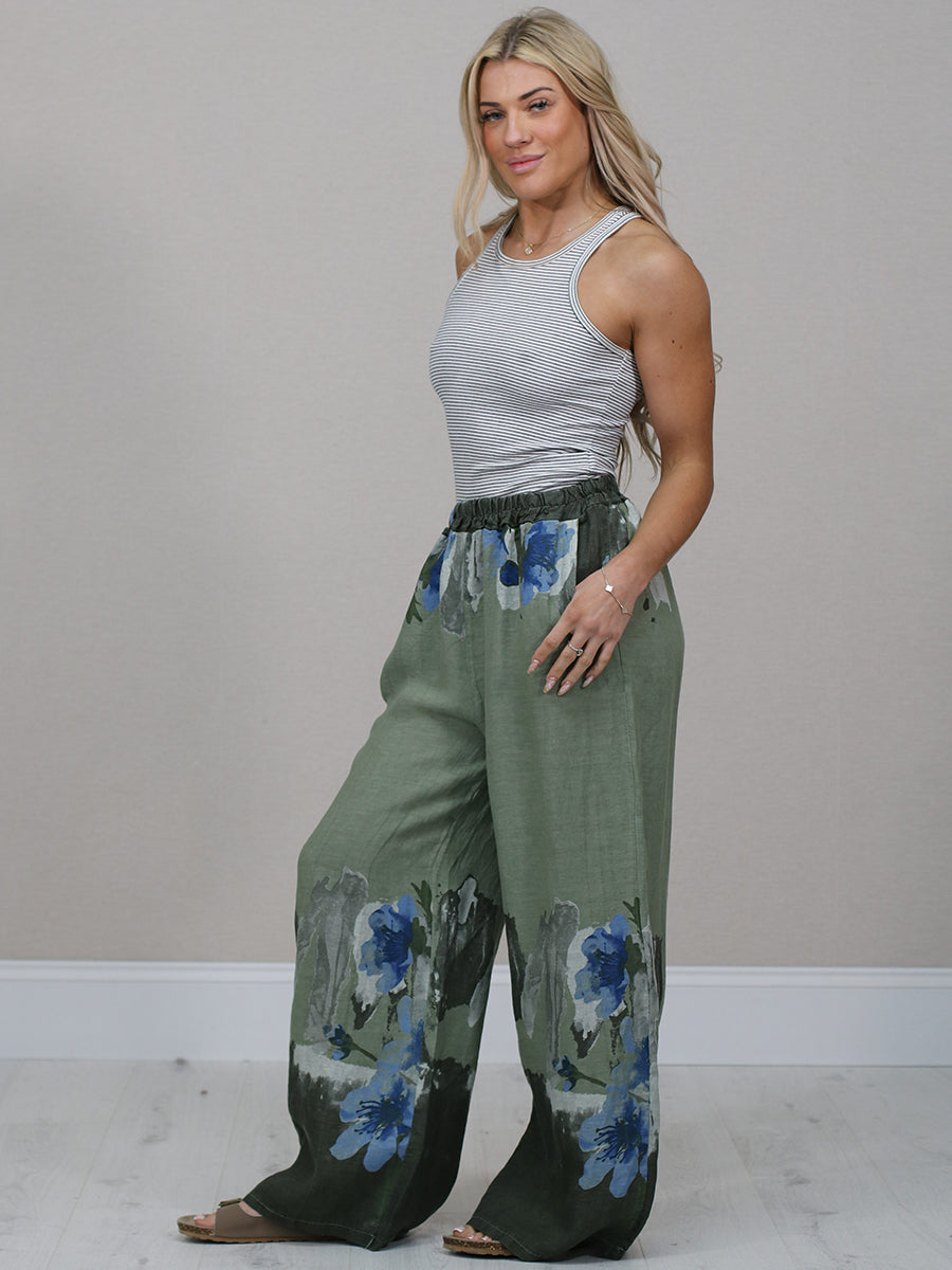 Made In Italy Wide Leg Floral Linen Pant