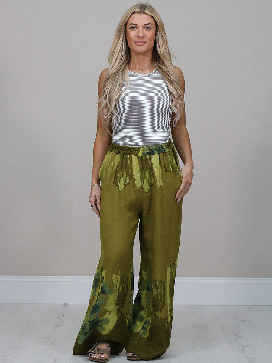 Floral Linen Pant Olive