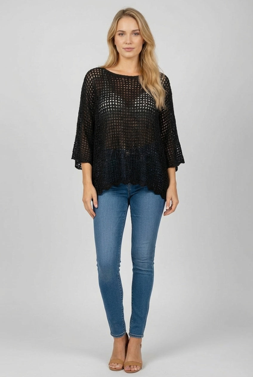 Crochet Net Batwing Top Black