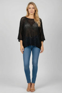 Crochet Net Batwing Top Black