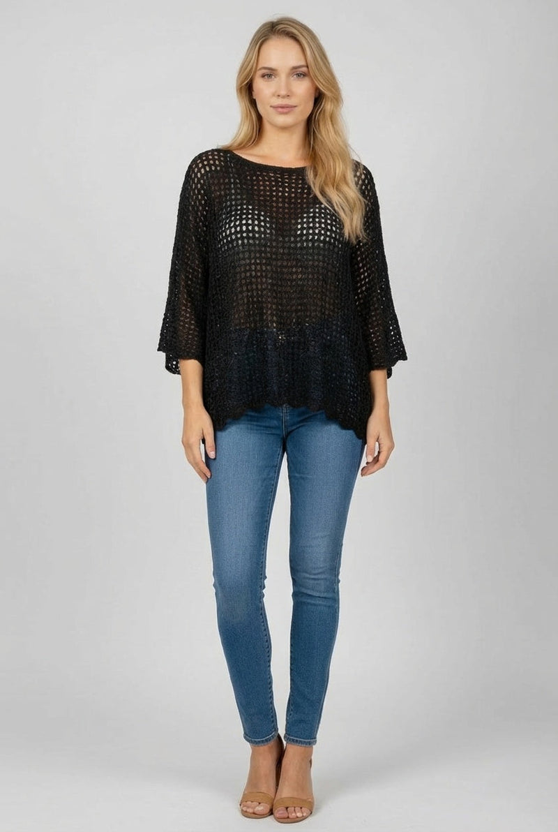 Crochet Net Batwing Top Black