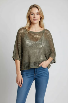 Crochet Net Batwing Top Khaki