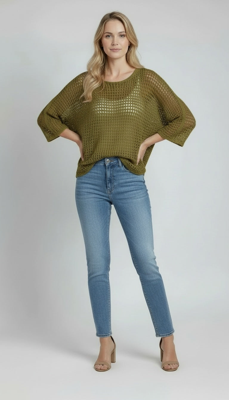 Crochet Net Batwing Top Olive
