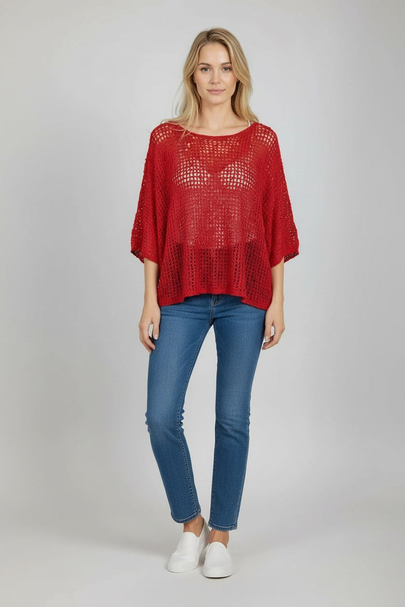 Crochet Net Batwing Top Red