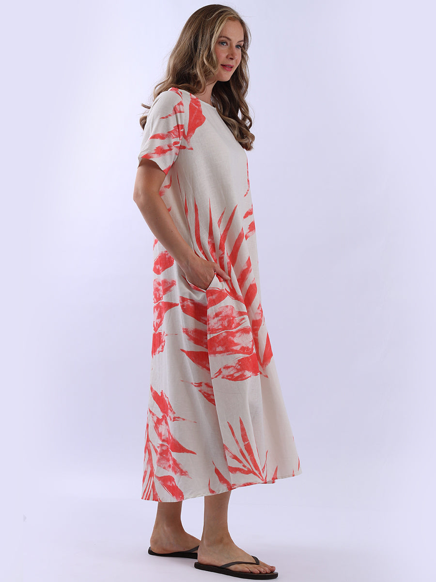 Palm Leaf Print Linen Dress