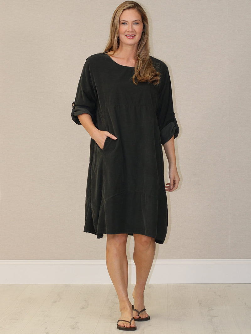 Solid Corduroy Cotton Midi Dress Charcoal