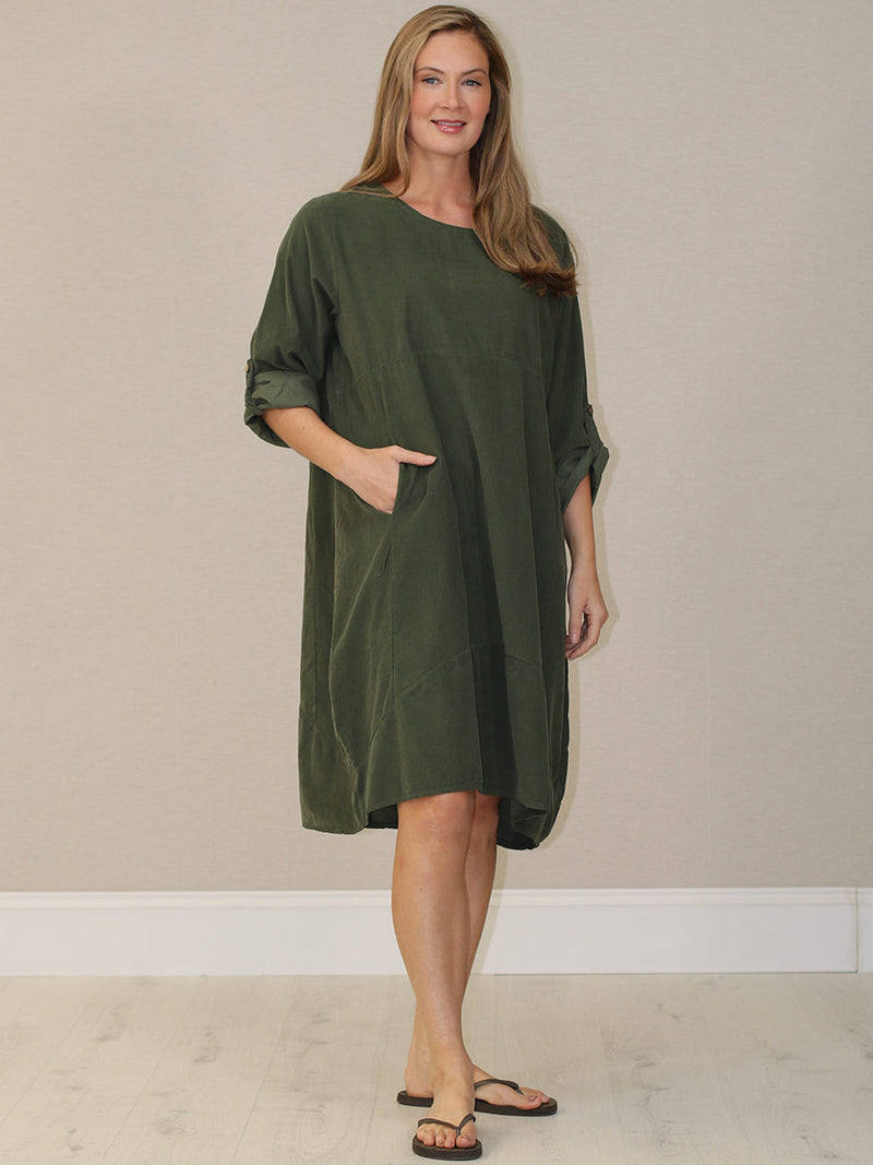 Solid Corduroy Cotton Midi Dress Khaki