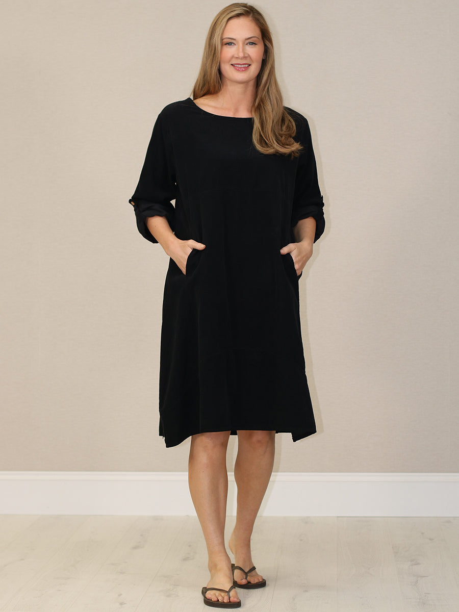 Solid Corduroy Cotton Midi Dress Black