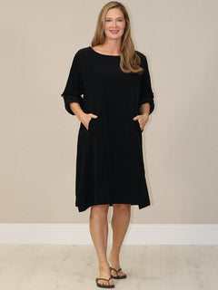 Solid Corduroy Cotton Midi Dress Black