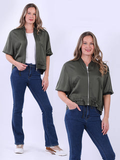 Front Zipper Plain Crop Jacket Khaki