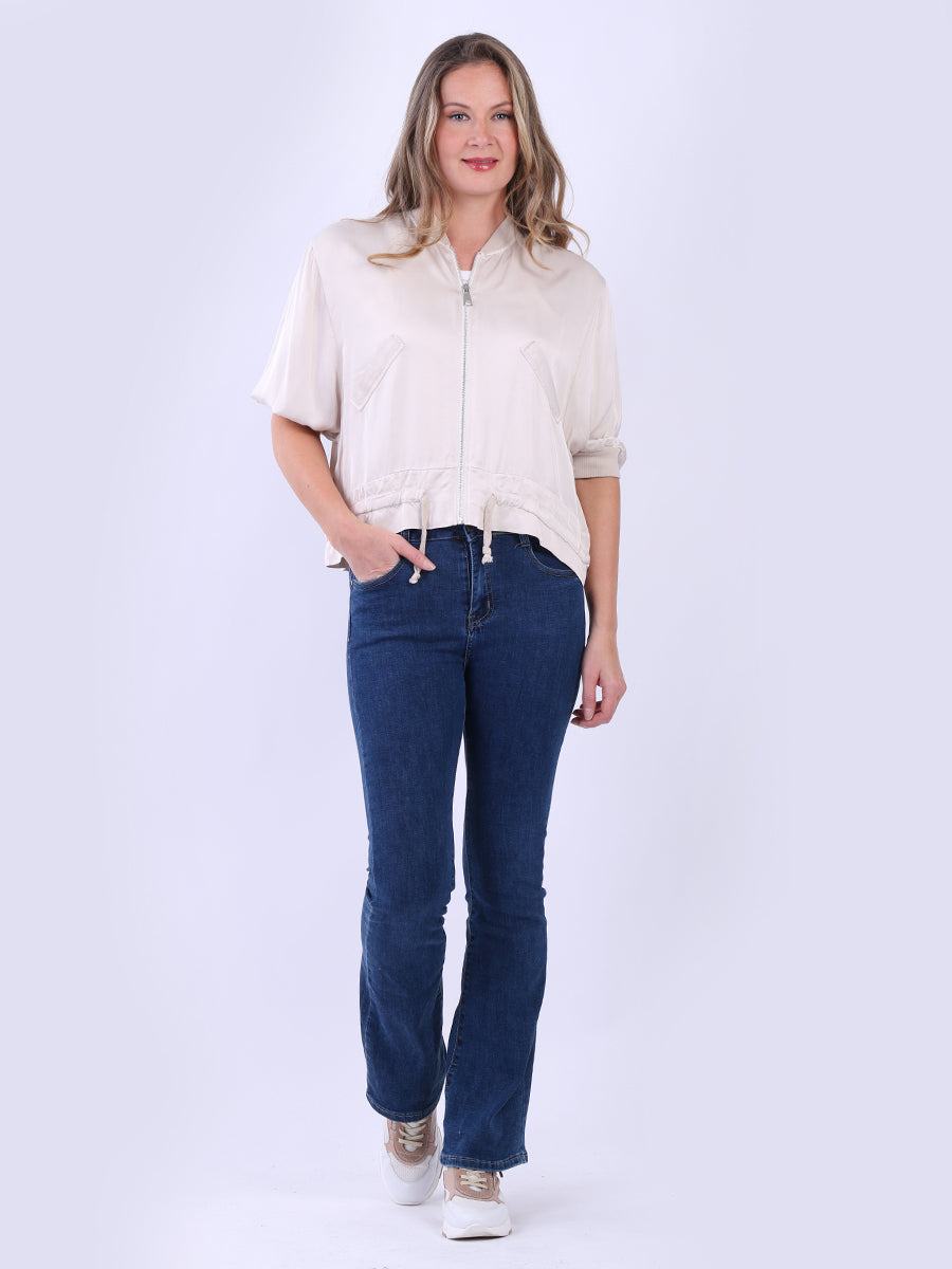 Front Zipper Plain Crop Jacket Beige