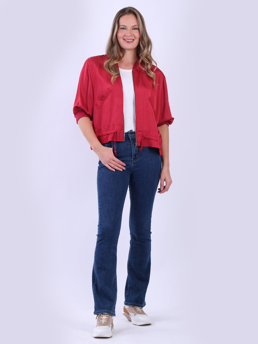 Front Zipper Plain Crop Jacket Wine