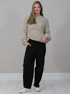 Stripy Batwing Wool Jumper Beige