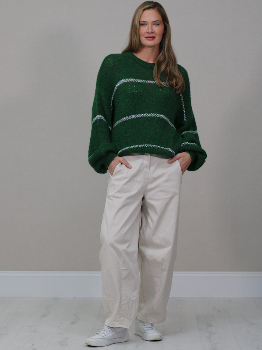 Stripy Batwing Wool Jumper Bottle Green