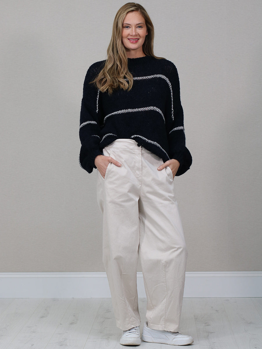 Stripy Batwing Wool Jumper Navy