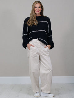 Stripy Batwing Wool Jumper Navy