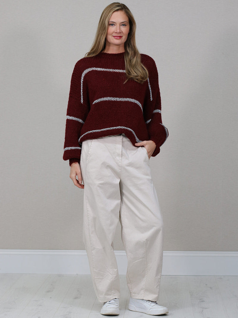 Stripy Batwing Wool Jumper Wine