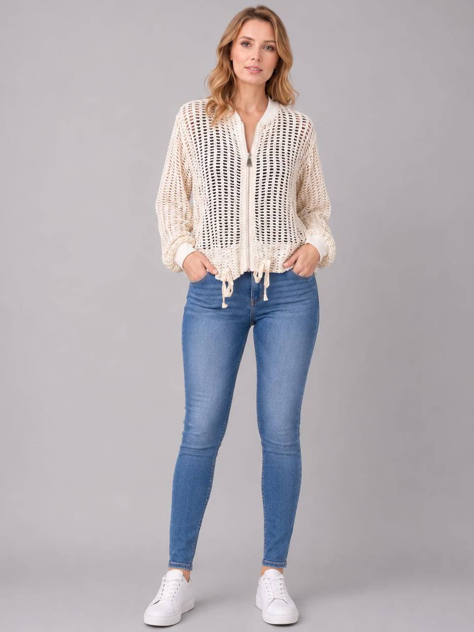 Mesh Net Cotton Crop Jacket Beige