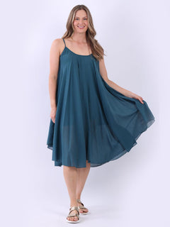Pleated Cotton Lagenlook Dress Teal