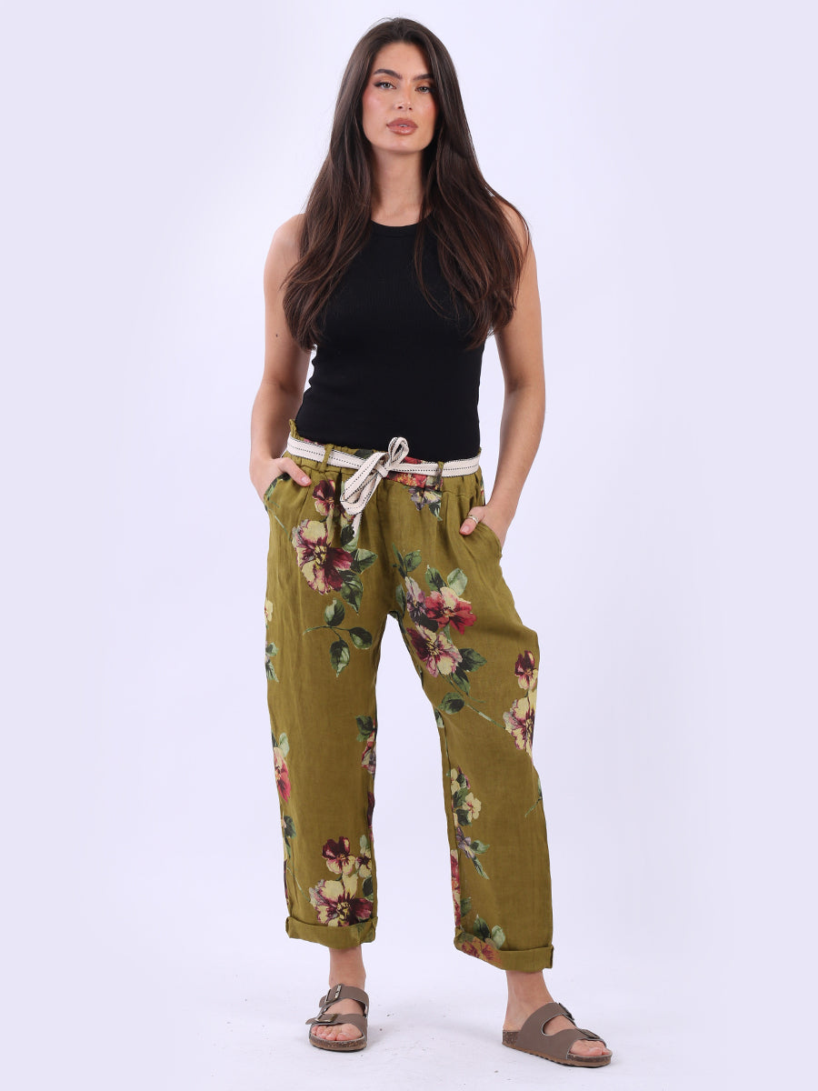 Floral Linen Trouser Olive