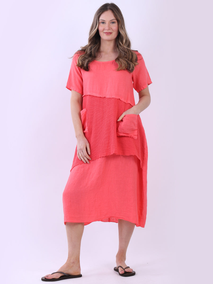Mesh Net Linen Midi Dress Coral