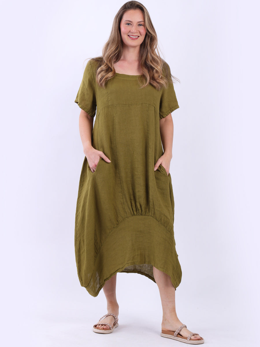 Square Neck Linen Dress Olive