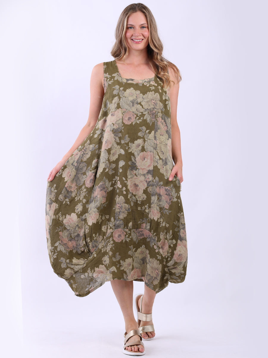 Linen Floral Maxi Dress Olive