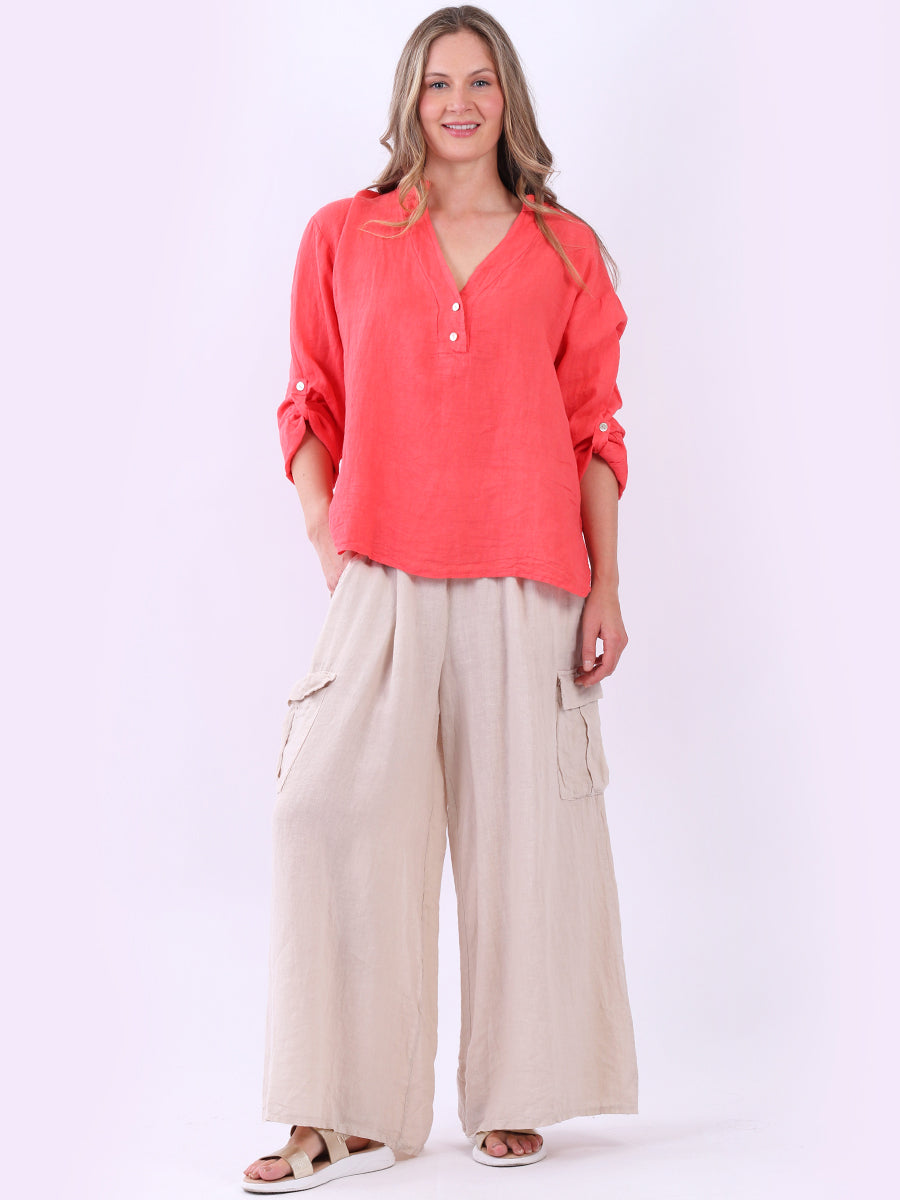 Collarless Linen Baggy Top Coral