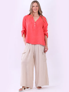 Collarless Linen Baggy Top Coral